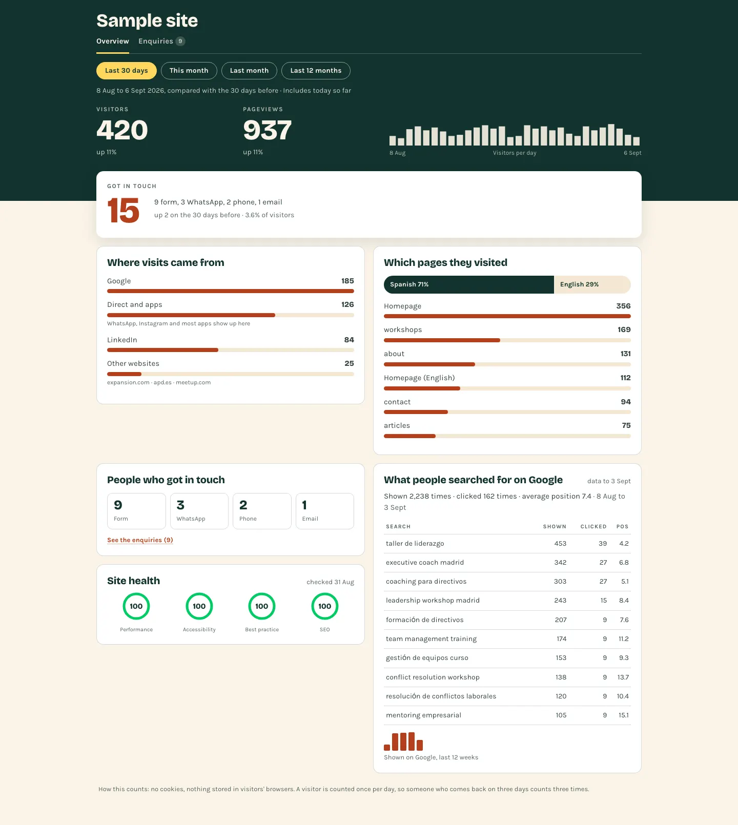 The dashboard for a sample site: visitors, where they came from, which pages they read, who got in touch, the four PageSpeed scores, and what people searched for on Google